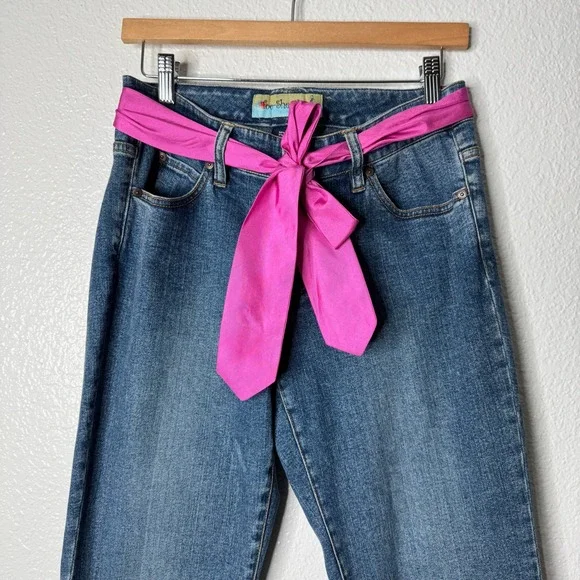 Too She She Y2K Cropped Jeans Pink Silk Belt Rhinestone Buckle Womens 6 Blue - Picture 3 of 12